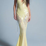 Deep V Neck Sequins Fishtail Hem Backless Gowns Slip Maxi Dresses-Yellow
