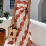 Enjoy A Sunny Linen Blend Shell Print One Shoulder Cutout Waist Tie-up Slit Maxi Dress