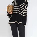 Long Sleeves Loose Contrast Color Split-Joint Split-Side Striped High Neck Sweater Tops