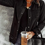 Casual Ripped Raw Hem Button Up Denim Shacket