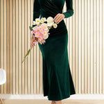 Solid Velvet Long Sleeve V Neck Slim Fit Fishtail Maxi Dress
