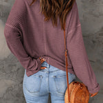 Dusk Blue Waffle Split V Neck Drop Shoulder Long Sleeve Top