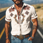 Men's Spring/Summer Fashion Retro Western Style Suede Embroidered Short Sleeve Shirt