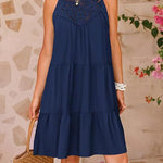 A-Line Loose Hollow Pleated Solid Color Split-Joint Round-Neck Mini Dresses