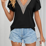 Gold Lace V Neck Tile Short Sleeve Solid Color T-Shirt Top