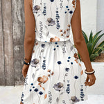 Loose Sleeveless Buttoned Elasticity Flower Print Tied V-Neck Mini Dresses