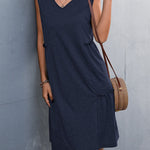 A-line Loose Pleated Solid Color Split-Joint V-neck Midi Dresses