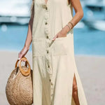 Cotton And Linen Sleeveless Solid Loose V-neck Maxi Dress