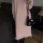 High Waisted Long Sleeves Fringed Solid Color Round-Neck Midi Dresses Sweater Dresses