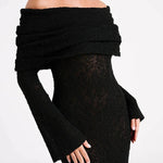 Marisol Ribbed Boucle Material Draped Off Shoulder Stretch Vacation Maxi Dress