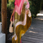 Summertime Favorites Satin Tie Dye Print One Shoulder Drape Vacation Maxi Dress