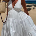 Bohemian Style V-neck Backless Slip Layered Vacation Maxi Dress