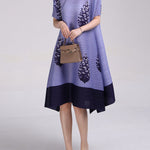 A-Line Loose Flower Print Pleated Round-Neck Midi Dresses