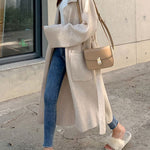 Long Sleeves Loose Pockets Solid Color Tied Waist Notched Collar Cardigan Coats