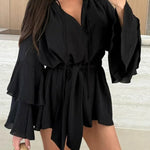 Molly Linen Blend Tiered Bell Sleeve Tie-up Cover-up Mini Dress