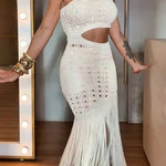 Refresh Style Knit Hollow Out One Shoulder Cutout Waist Tassel Hem Maxi Dress