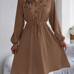 A-line Long Sleeves Buttoned Pleated Solid Color Tied Lapel Midi Dresses Shirt Dress