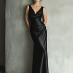 Women's Black Satin Fabric Cowl-Neck Maxi Dress With Ruched Bodice