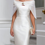 Off-Shoulder Draped Cape Satin Midi Dress