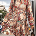 Long Sleeves Loose Buttoned Flower Print Split-Joint V-Neck Mini Dresses