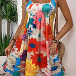 A-Line High Waisted Flower Print Pleated Round-Neck Mini Dresses