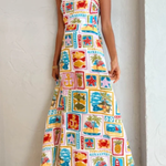Vintage Oil Painting Art Print Wave Edge Sling Maxi Dress