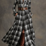 Retro Ethnic Style Lapel Reddish Brown Plaid Maxi Dress