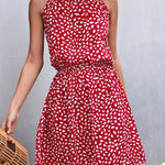 A-Line High Waisted Elasticity Leaves Print Pleated Halter-Neck Mini Dresses