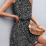 A-Line High Waisted Elasticity Leaves Print Pleated Halter-Neck Mini Dresses