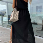Casual Solid Bandage Oblique Collar Sleeveless Dress Dresses