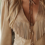 Retro Western-style Beige Slightly Stretchy Faux Suede Fringe Shirt