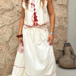 Sunny Day Linen Blend Contrast Embroidered Print Smocked Waist A-line Maxi Skirt