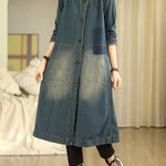 A-Line Long Sleeves Buttoned Pockets Round-Neck Midi Dresses Outerwear