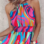 Loose Sleeveless Color-Block Contrast Color Elasticity Split-Joint Halter-Neck Mini Dresses