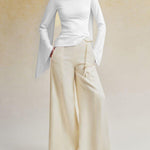 Flared Sleeves Long Sleeves Solid Color Zipper Boat Neck T-Shirts Tops