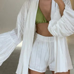 Solid Color Loose Long-sleeved Tie-front Top and Elastic Waist Casual Shorts Set