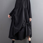 A-Line Long Sleeves Buttoned Pleated Pockets Solid Color Tied Lapel Midi Dresses Shirt Dress