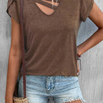 Solid Color Casual Cutout Neck T Shirt