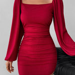 Bodycon High Waisted Backless Elasticity Pleated Solid Color Split-Joint Square-Neck Mini Dresses