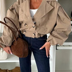 Fashion Style Button Long Balloon Sleeve Pocket Lapel Casual Bomber Jacket