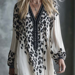 Retro Fashion Flowing V-neck Black Leopard Print White Chiffon Maxi Dress