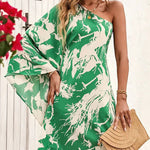 Batwing Sleeves High Waisted Asymmetric Printed One-Shoulder Mini Dresses