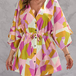 A-Line Half Sleeves Buttoned Drawstring Printed V-Neck Mini Dresses