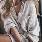 Gray Rolled-Up Sleeve Buttoned Drawstring Textured Dress