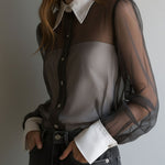 Retro Black Sheer Organza Contrast-Collar Blouse