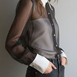 Retro Black Sheer Organza Contrast-Collar Blouse