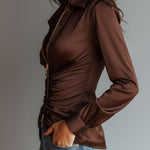 Luxe Mocha Satin Ruched Zip-Up Blouse