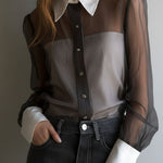 Retro Black Sheer Organza Contrast-Collar Blouse
