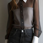 Retro Black Sheer Organza Contrast-Collar Blouse