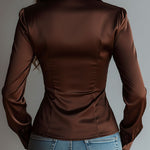 Luxe Mocha Satin Ruched Zip-Up Blouse